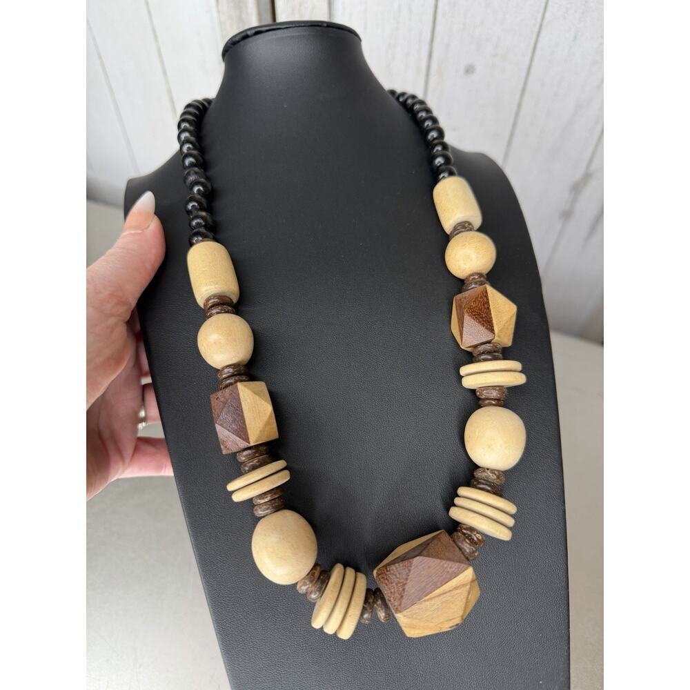 Vintage Artisan Statement Hand Carved Chunky Beaded Necklace Boho
